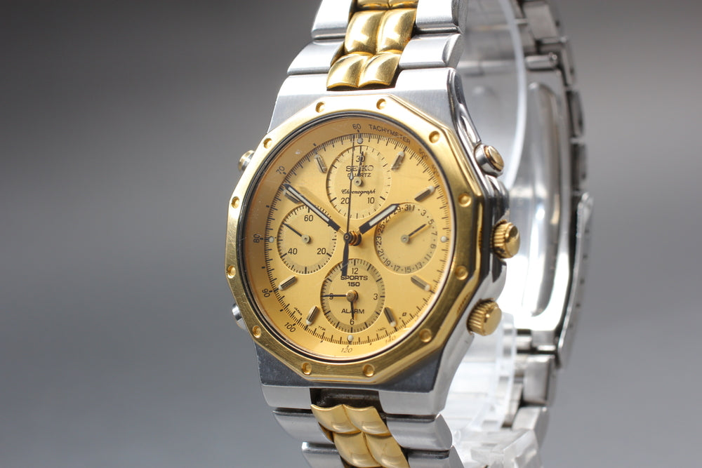 SEIKO Sports 150 Chronograph Alarm 7T34-7A10 Gold Quartz 38mm Men's Watch 1992