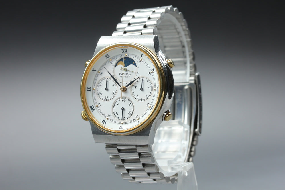 SEIKO Chronograph Moon Phase 7A48-7000 White Quartz 37mm Men's Watch 1984