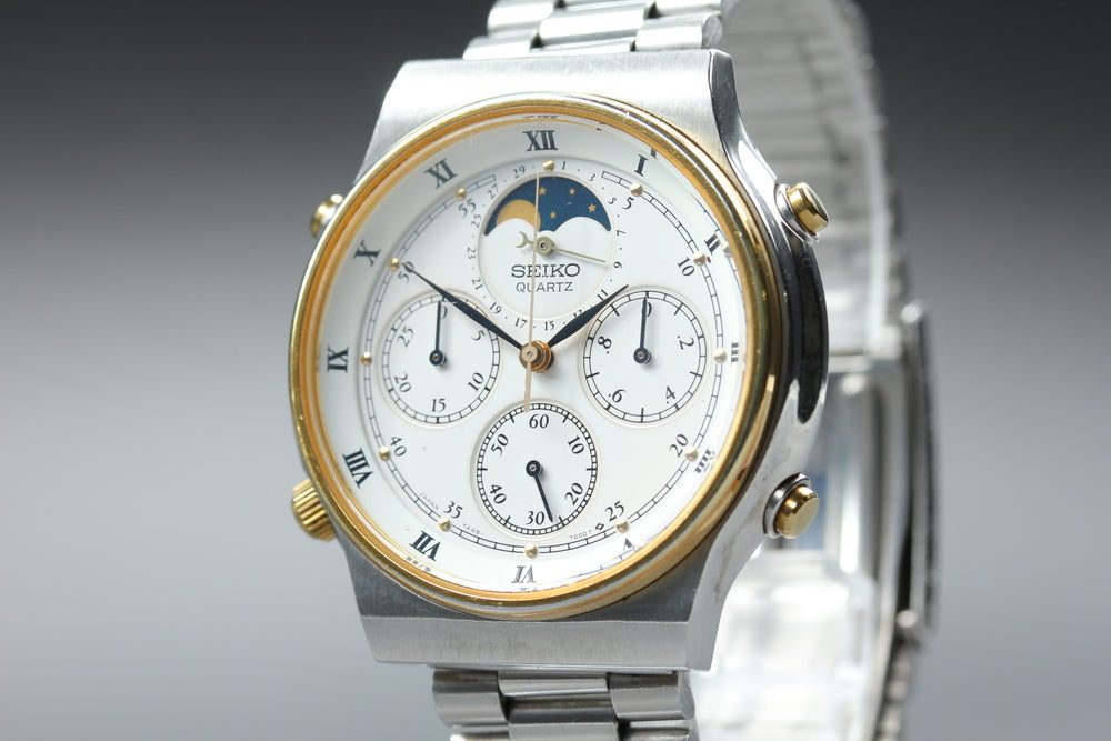 SEIKO Chronograph Moon Phase 7A48-7000 White Quartz 37mm Men's Watch 1984
