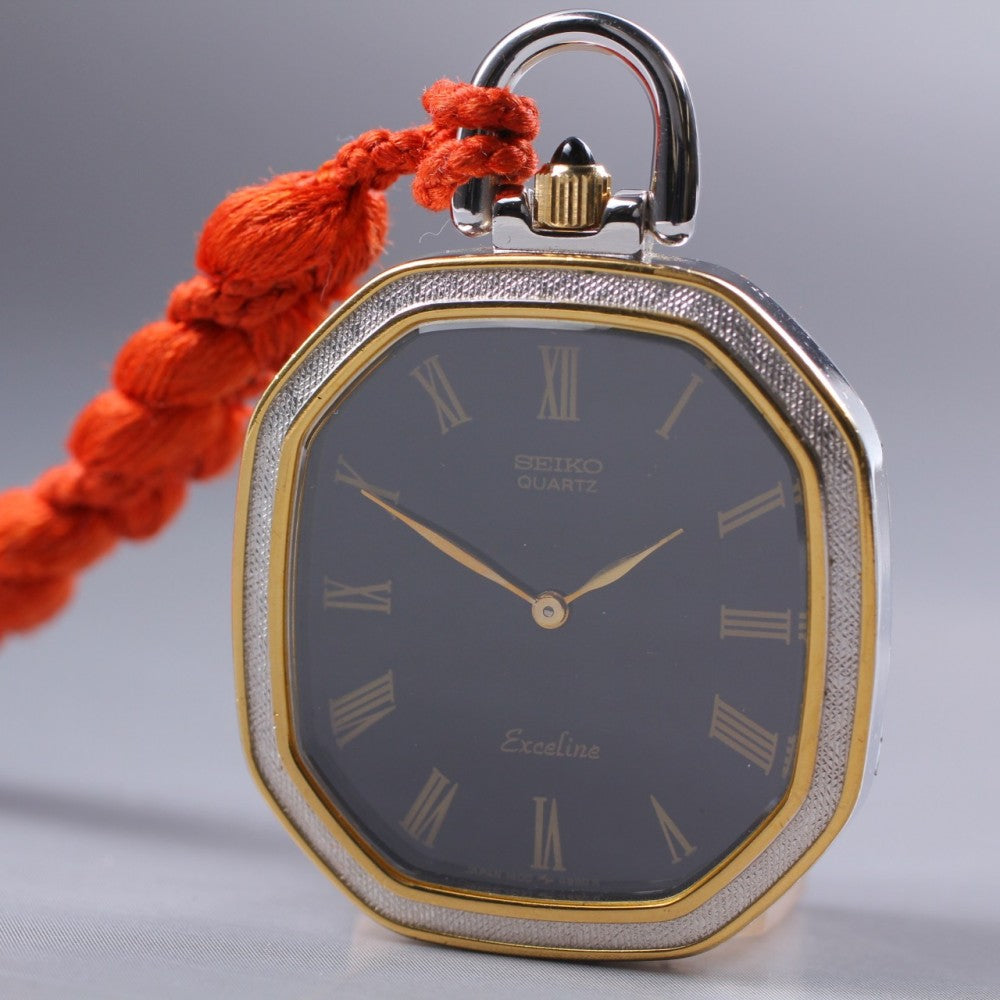 Near MINT SEIKO Exceline 1400-7760 Black Quartz 25mm Unisex Pocket Watch 1981