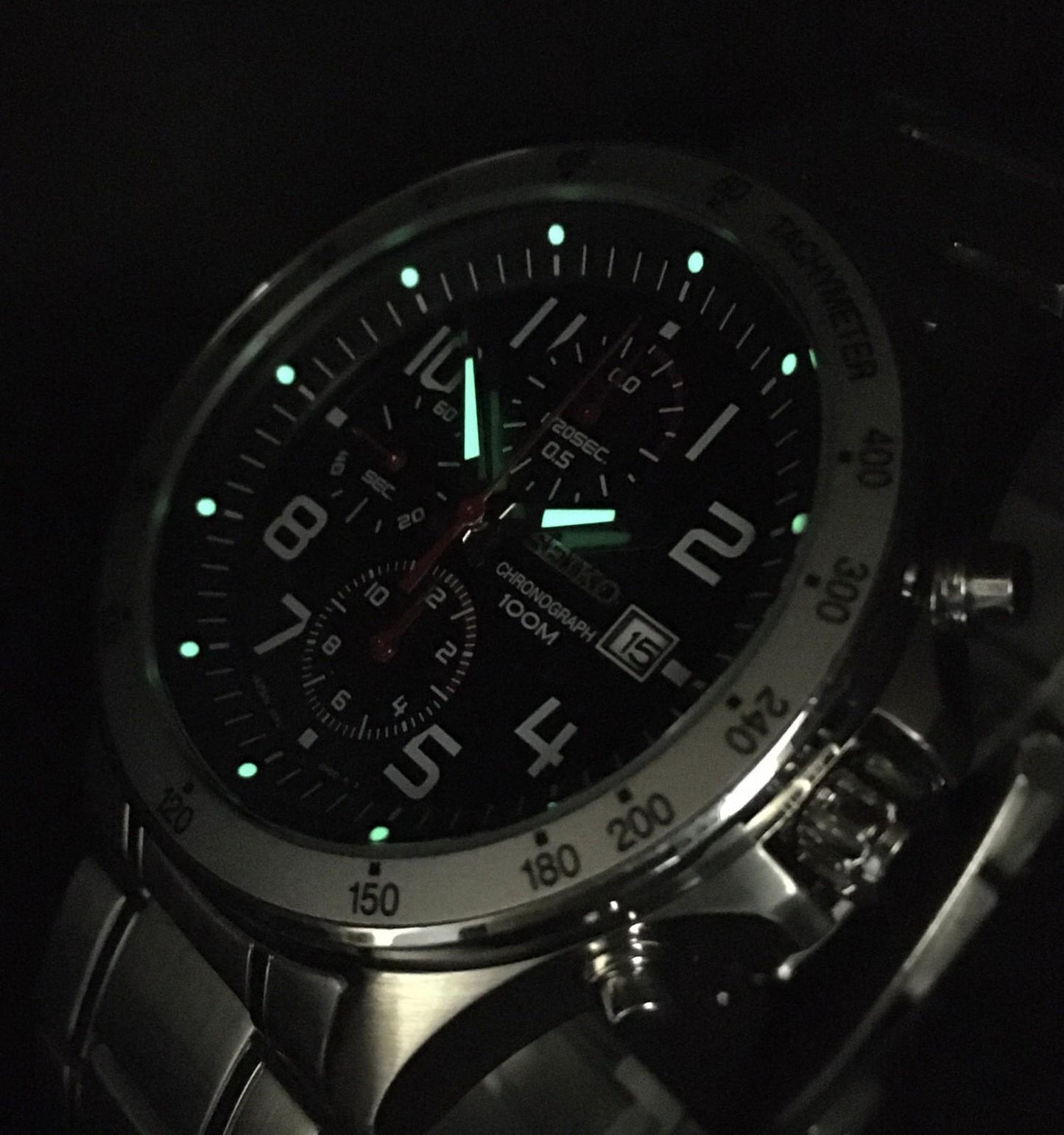 Exc+5 Seiko Chronograph 7T92-0KE0 100m Black Dial Quartz 44mm Men's Watch JAPAN