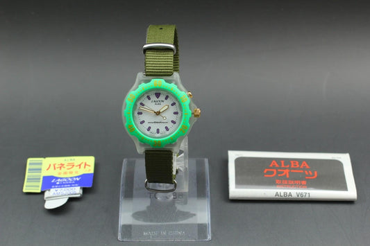 Vintage 1995 Seiko Alba Men's Watch: Green Bezel, Mint Condition w/Tag