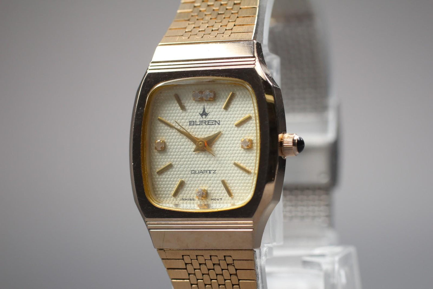 Near MINT Buren BU-9001L 5P Diamond Gold Tank Quartz 22mm Ladies Watch JAPAN