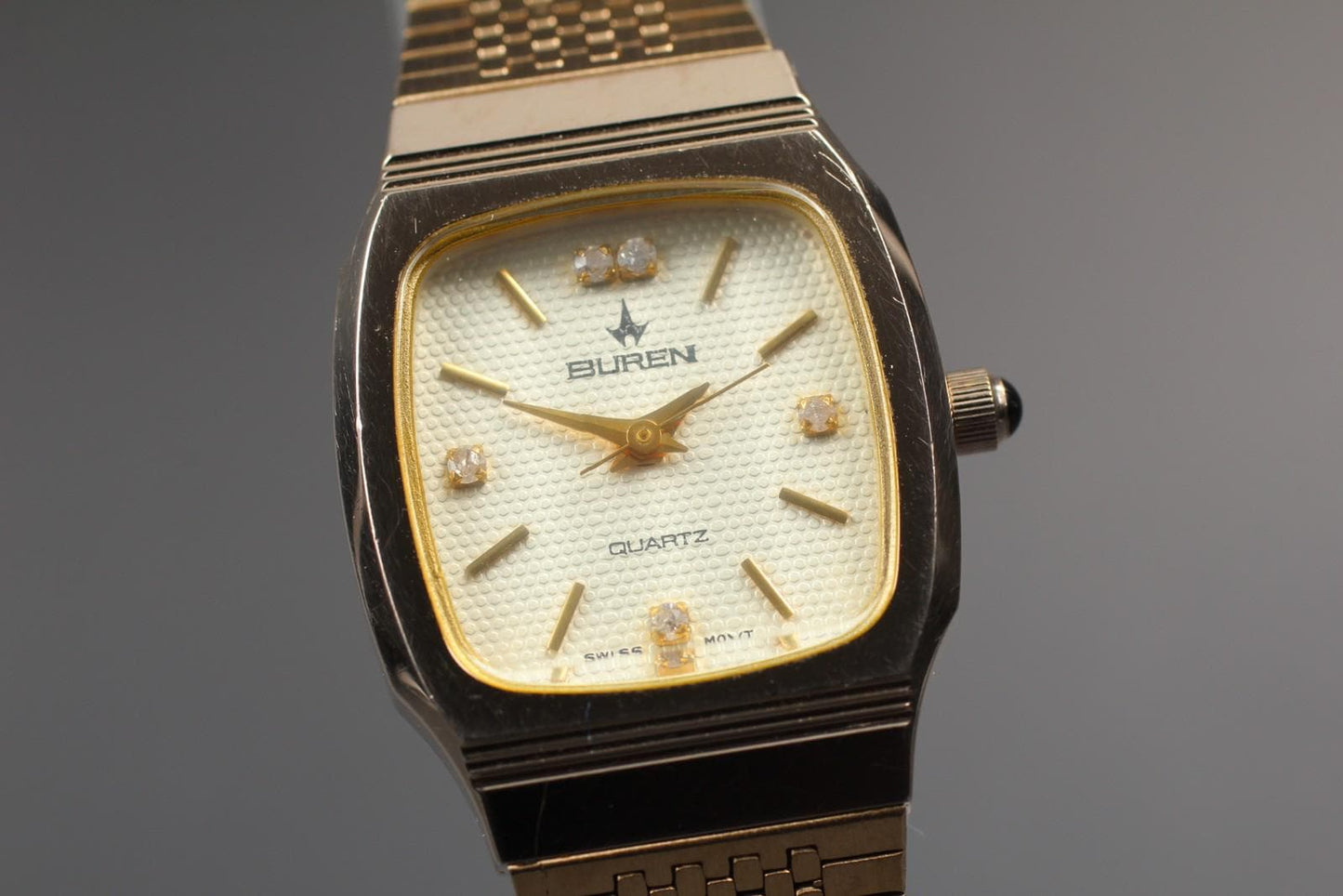 Near MINT Buren BU-9001L 5P Diamond Gold Tank Quartz 22mm Ladies Watch JAPAN