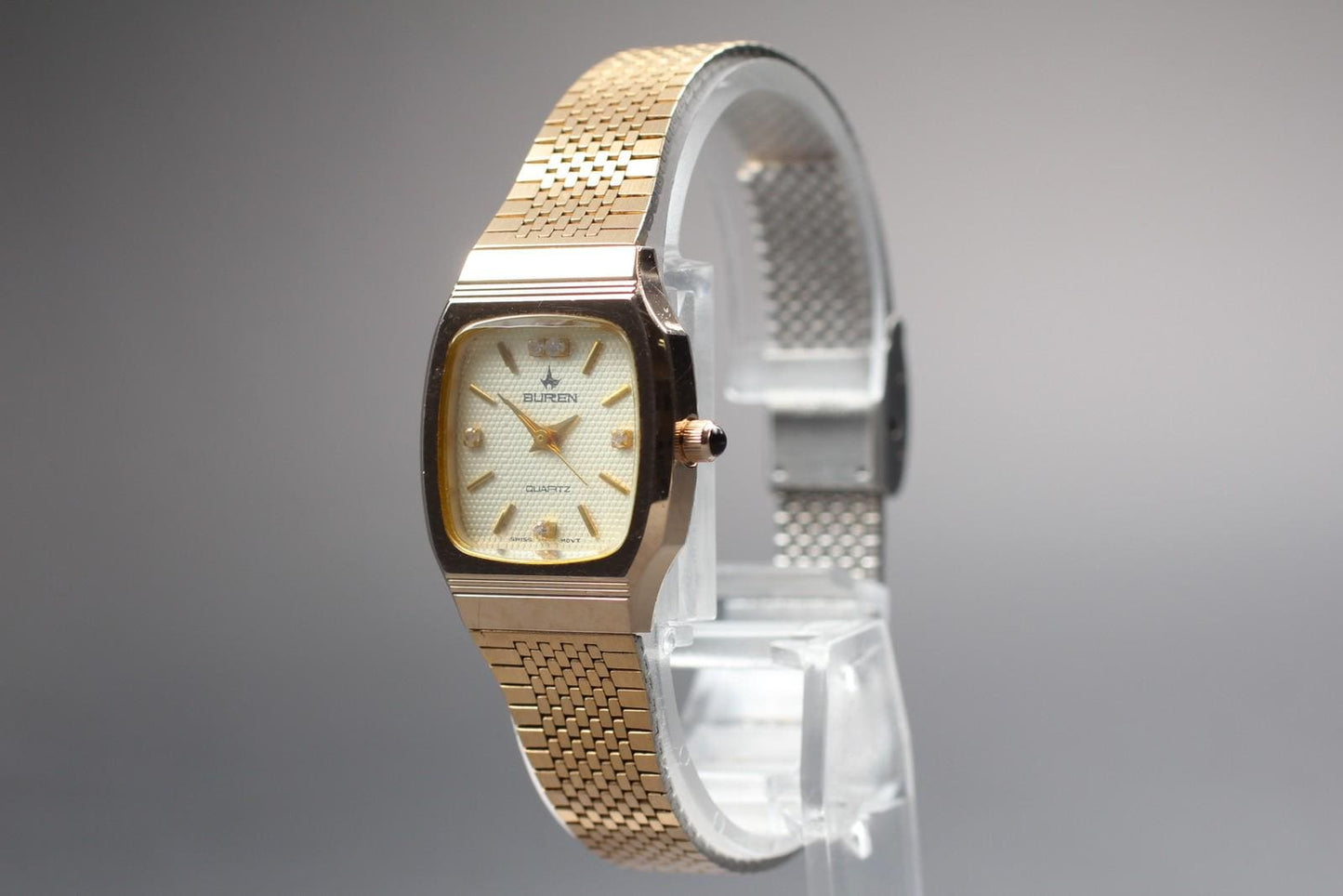 Near MINT Buren BU-9001L 5P Diamond Gold Tank Quartz 22mm Ladies Watch JAPAN