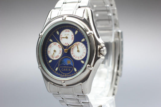 N MINT SEIKO Alba V33F-6B80 Sun & Moon Triple Calendar Quartz 36mm Men's Watch