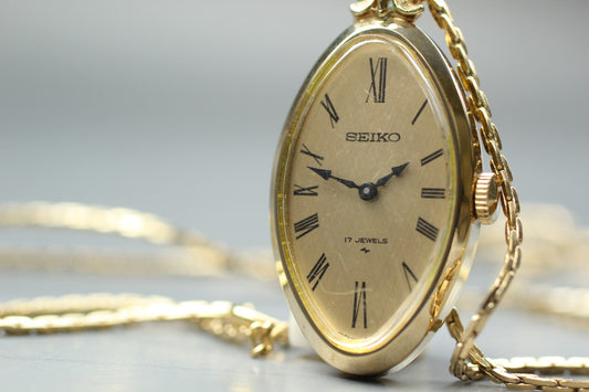 Vtg 1970s [Exc+5] SEIKO 11-7990 Gold Tone Roman 17J Manual Wind Pendant Watch