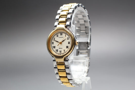 Vintage 1987 [Exc+5] SEIKO Creo 2P21-0C10 Roman Two-Tone Qz Ladies Watch JAPAN
