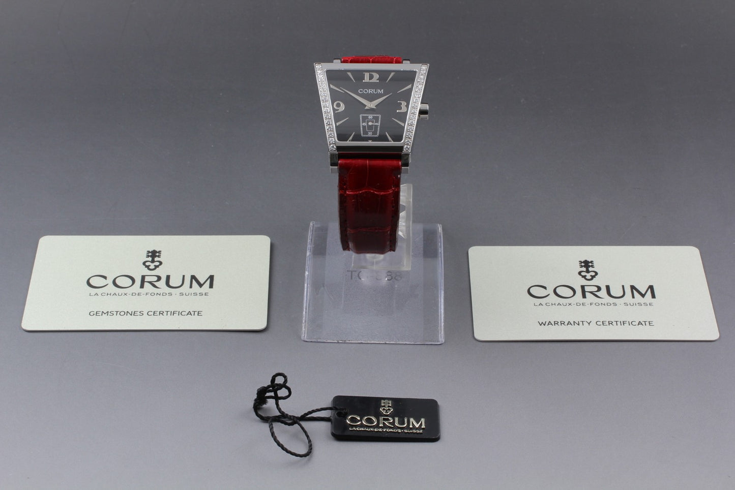 MINT Papers CORUM Trapeze 106.406.47 Pave Diamond Bezel Black Quartz Men's Watch