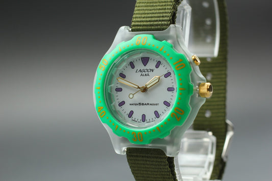 Vintage 1995 Seiko Alba Men's Watch: Green Bezel, Mint Condition w/Tag JAPAN