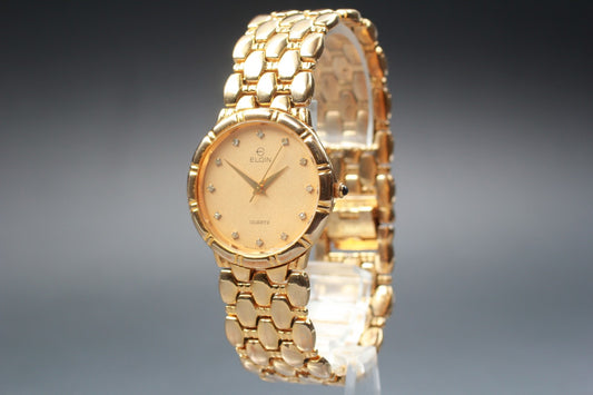 Exc+5 ELGIN FK294 Gold 12P Diamond Bracelet Quartz 31mm Men's Watch Swiss Made