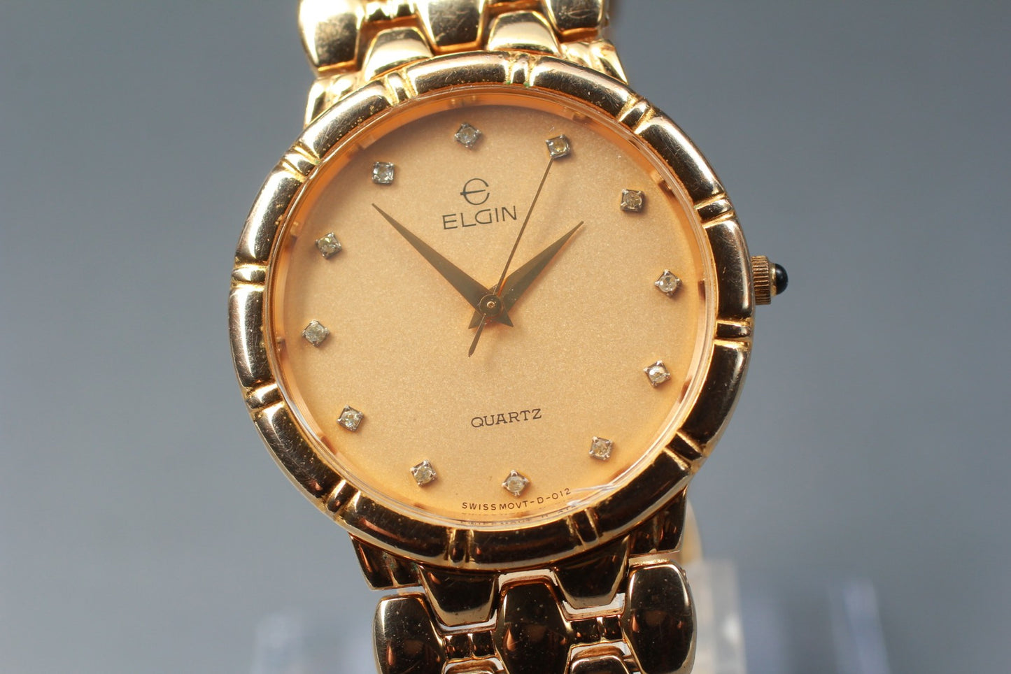 Exc+5 ELGIN FK294 Gold 12P Diamond Bracelet Quartz 31mm Men's Watch Swiss Made