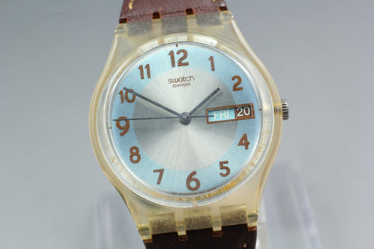 Exc+5 Swatch Blue Conker GE704 Day Date Quartz 34mm Men's Swiss Watch 2009