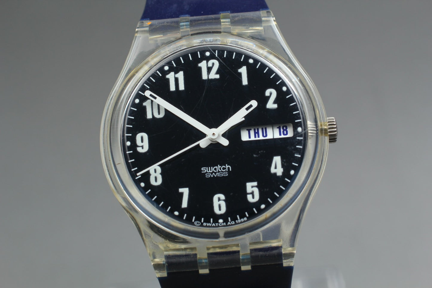 Exc+5 Swatch Blue Nite GK732 Date Date Black Quartz 34mm Men's Watch From JAPAN