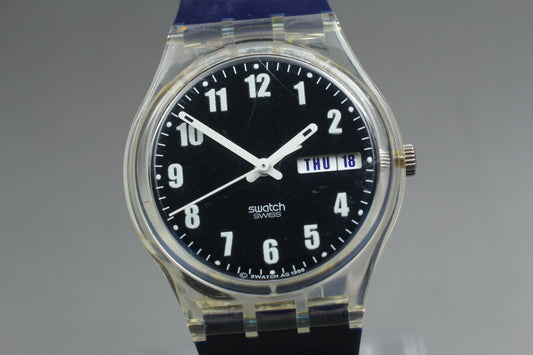 Exc+5 Swatch Blue Nite GK732 Date Date Black Quartz 34mm Men's Watch From JAPAN