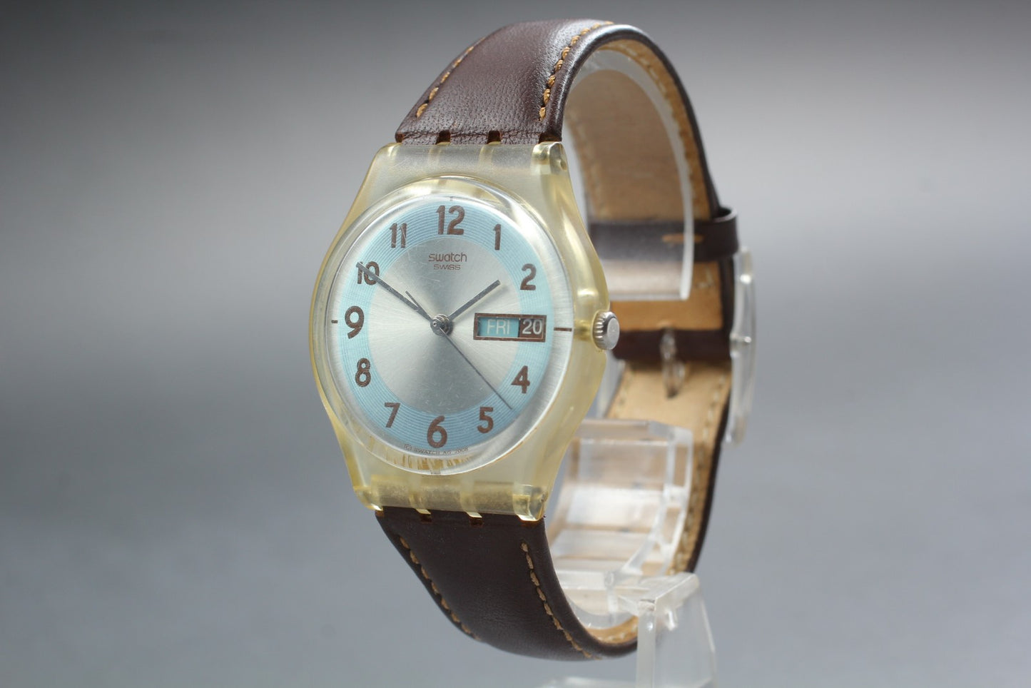 Exc+5 Swatch Blue Conker GE704 Day Date Quartz 34mm Men's Swiss Watch 2009