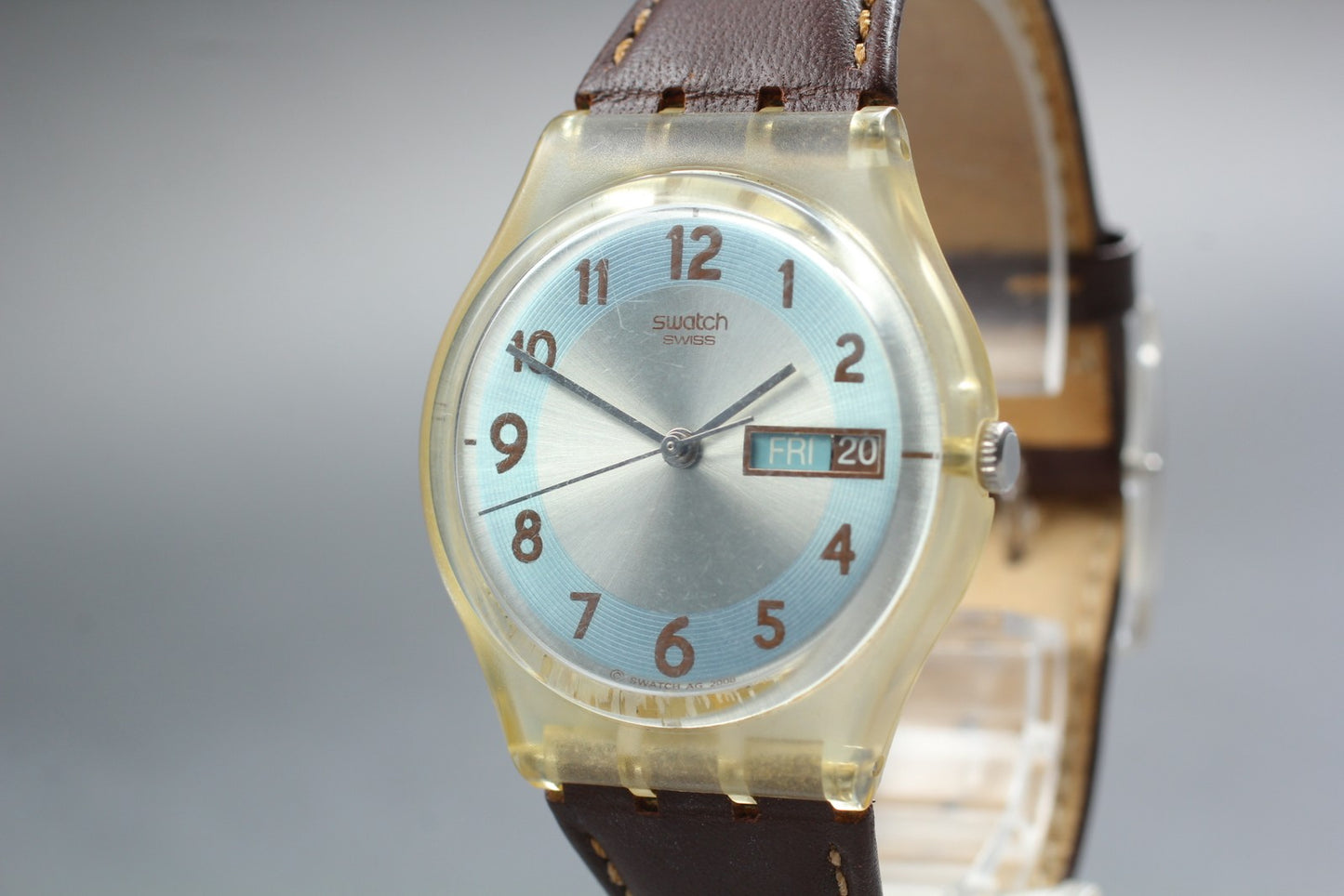 Exc+5 Swatch Blue Conker GE704 Day Date Quartz 34mm Men's Swiss Watch 2009