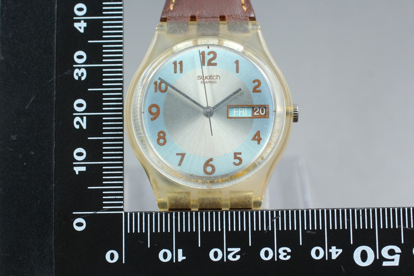 Exc+5 Swatch Blue Conker GE704 Day Date Quartz 34mm Men's Swiss Watch 2009