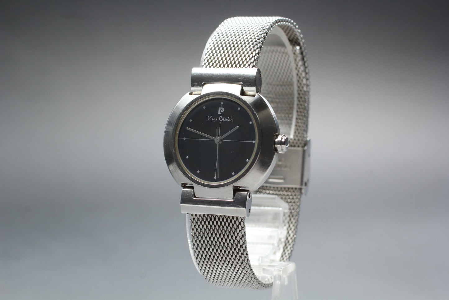 Near MINT Pierre Cardin 43312 Black Cross Dial Silver Quartz 29mm Ladies Watch