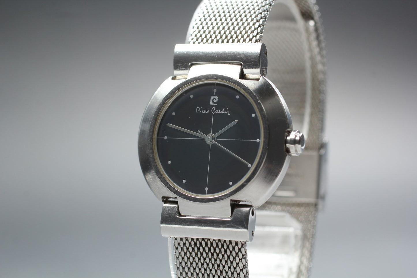 Near MINT Pierre Cardin 43312 Black Cross Dial Silver Quartz 29mm Ladies Watch