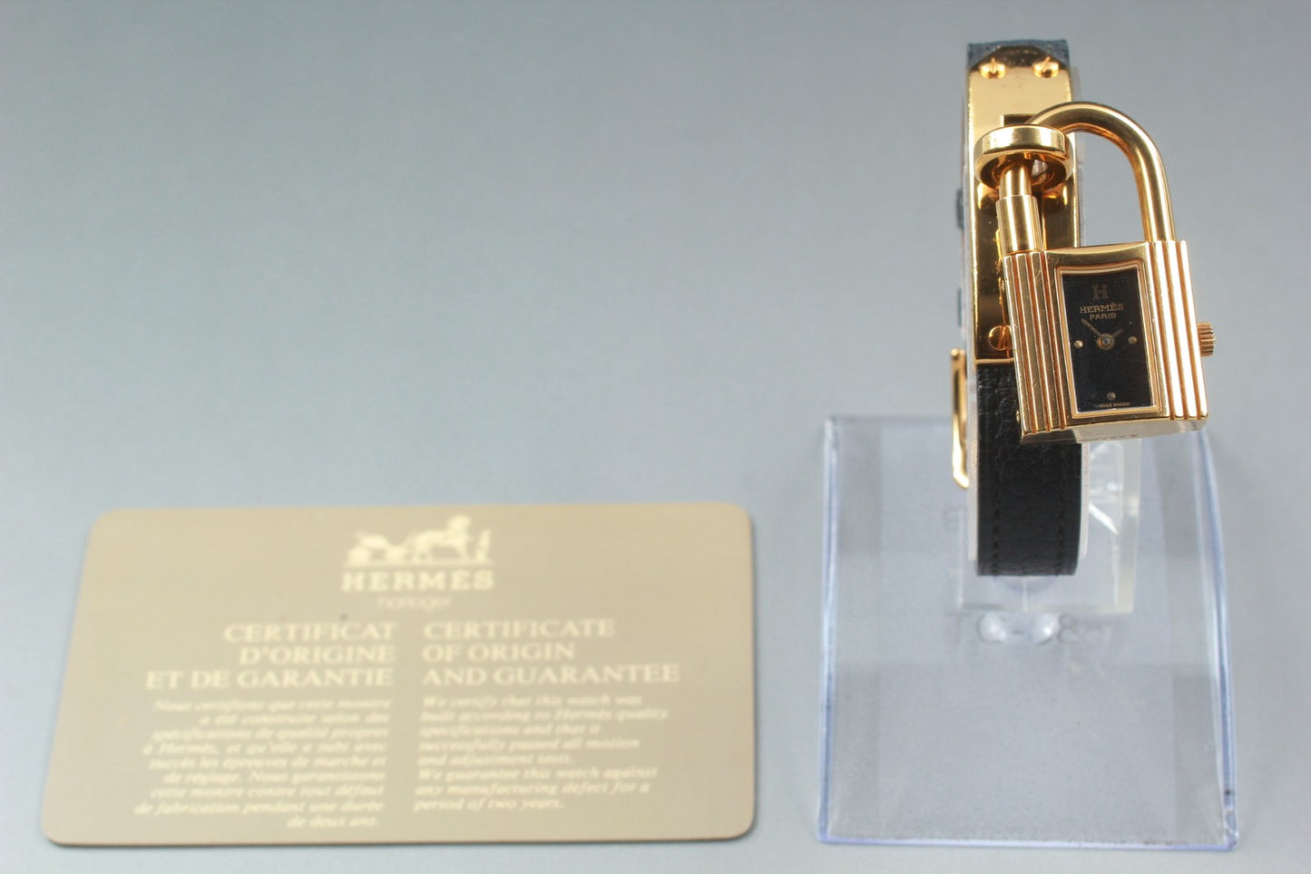 Exc+5 w/ Paper HERMES Kelly Ladies Watch Quartz Gold Padlock Black Dial Swiss