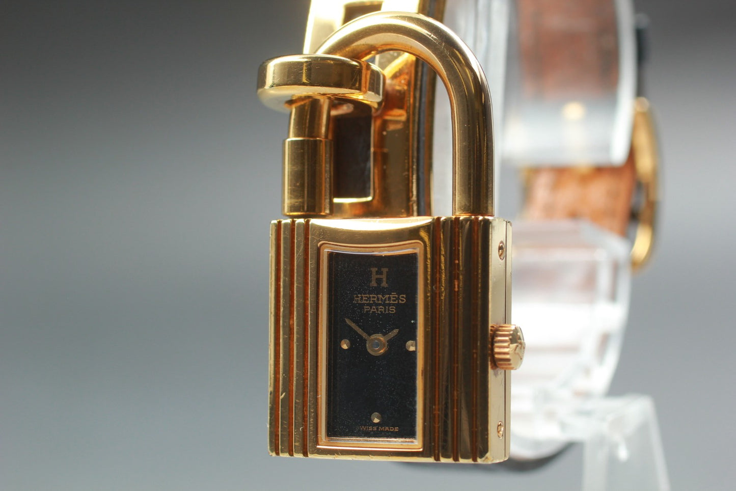 Exc+5 w/ Paper HERMES Kelly Ladies Watch Quartz Gold Padlock Black Dial Swiss