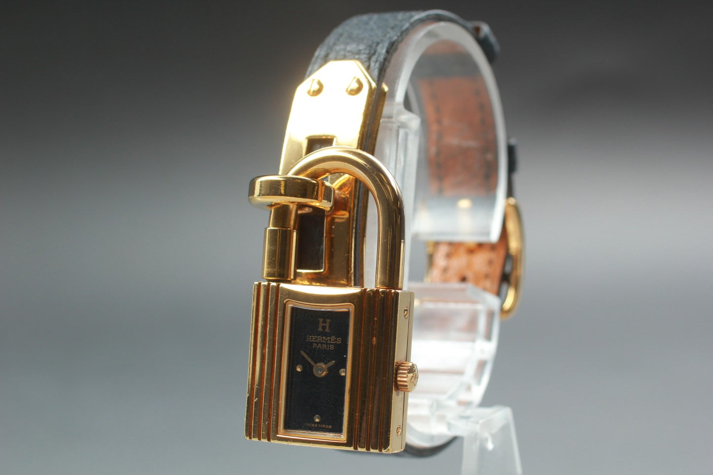 Exc+5 w/ Paper HERMES Kelly Ladies Watch Quartz Gold Padlock Black Dial Swiss