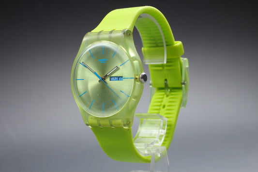Exc+5 Swatch Lime Rebel SUOG702 Day Date Silicone Quartz 41mm Men's Watch JAPAN
