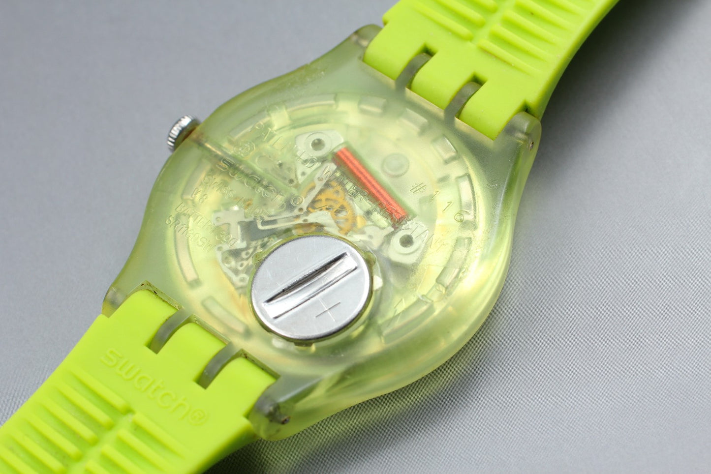 Exc+5 Swatch Lime Rebel SUOG702 Day Date Silicone Quartz 41mm Men's Watch JAPAN