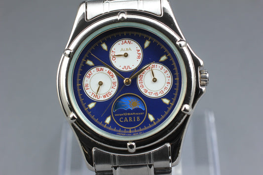 N MINT SEIKO Alba V33F-6B80 Sun & Moon Triple Calendar Quartz 36mm Men's Watch