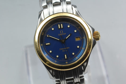 Near MINT OH OMEGA Seamaster 120m Blue 18K Gold 18KYG Quartz 30mm Ladies Watch