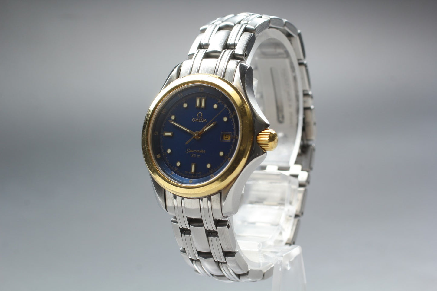 Near MINT OH OMEGA Seamaster 120m Blue 18K Gold 18KYG Quartz 30mm Ladies Watch