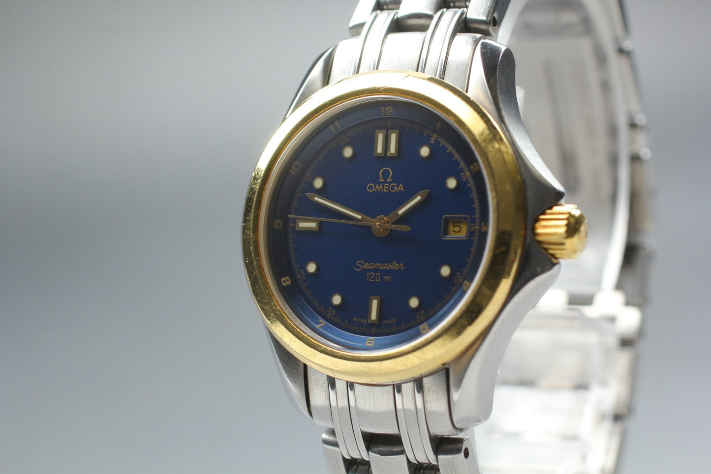 Near MINT OH OMEGA Seamaster 120m Blue 18K Gold 18KYG Quartz 30mm Ladies Watch