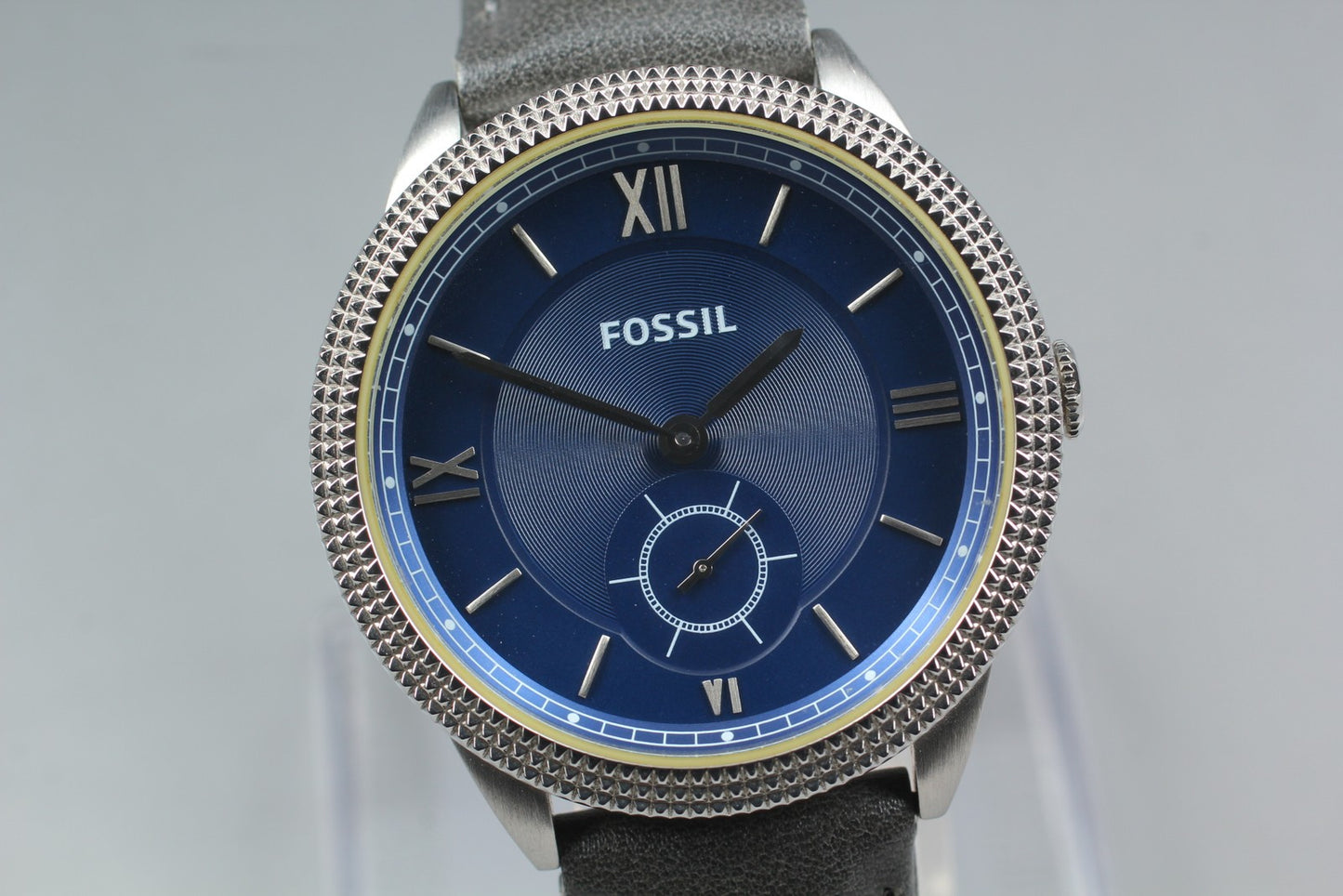 Near MINT FOSSIL ES-3065 Blue Dial Small Seconds Silver Quartz 37mm Men's Watch