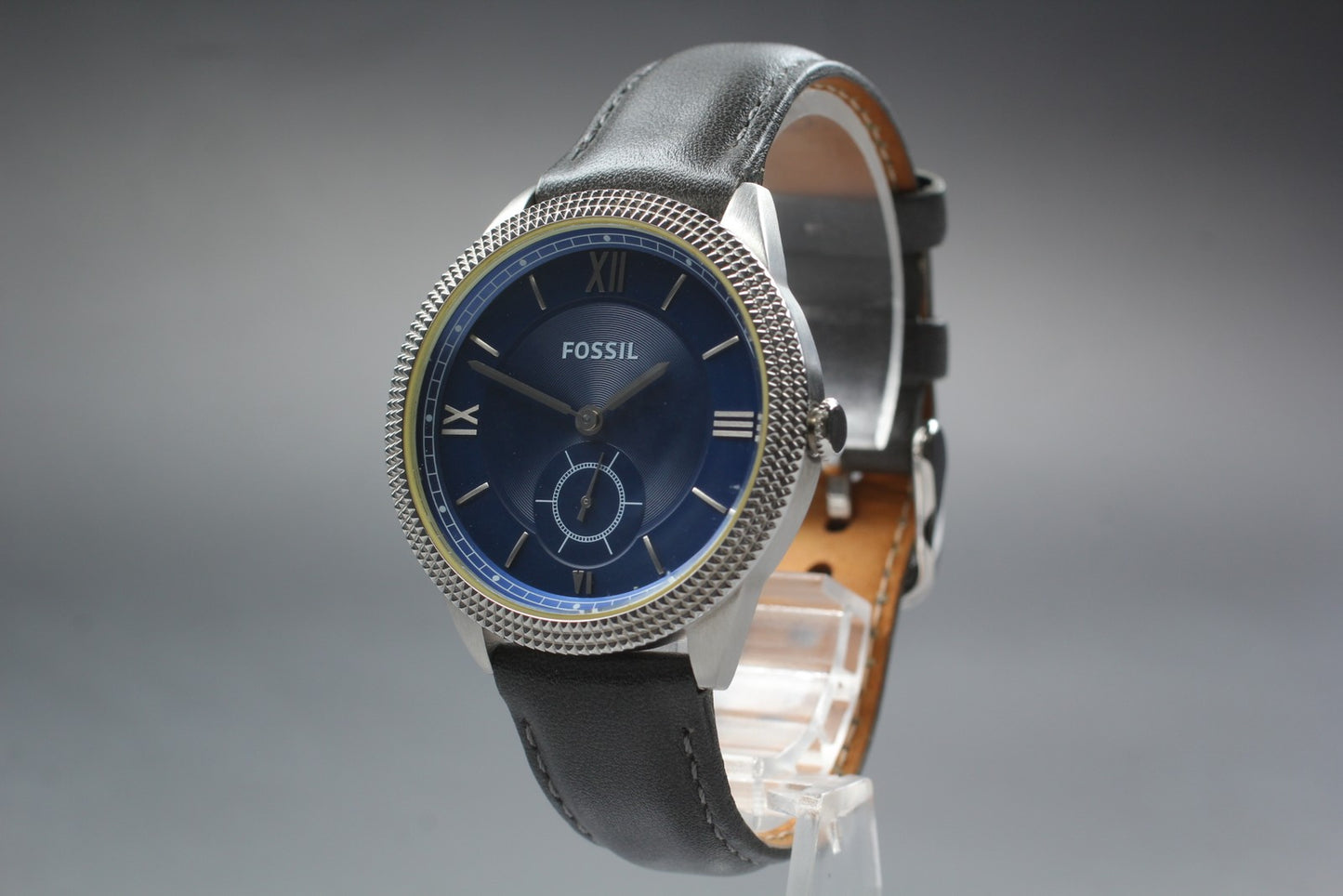 Near MINT FOSSIL ES-3065 Blue Dial Small Seconds Silver Quartz 37mm Men's Watch