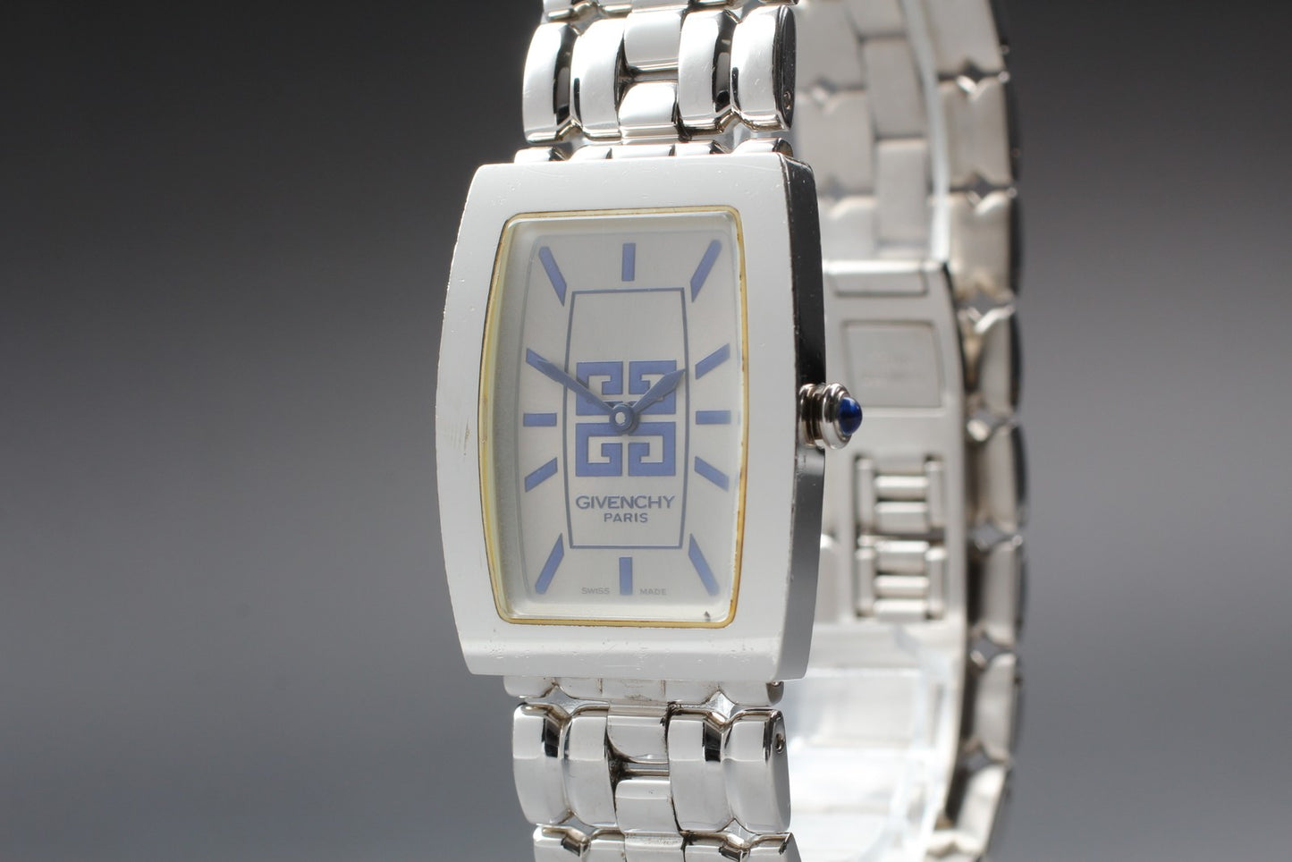 New Battery Near MINT Givenchy Square Tank Silver Quartz 24mm Men's Watch JAPAN