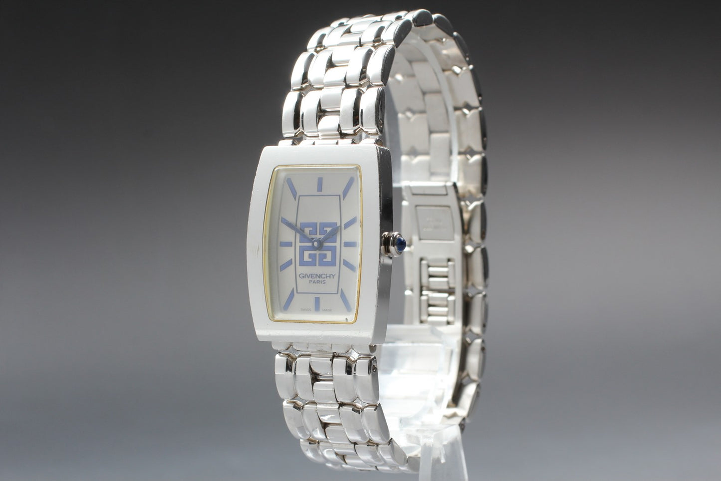 New Battery Near MINT Givenchy Square Tank Silver Quartz 24mm Men's Watch JAPAN