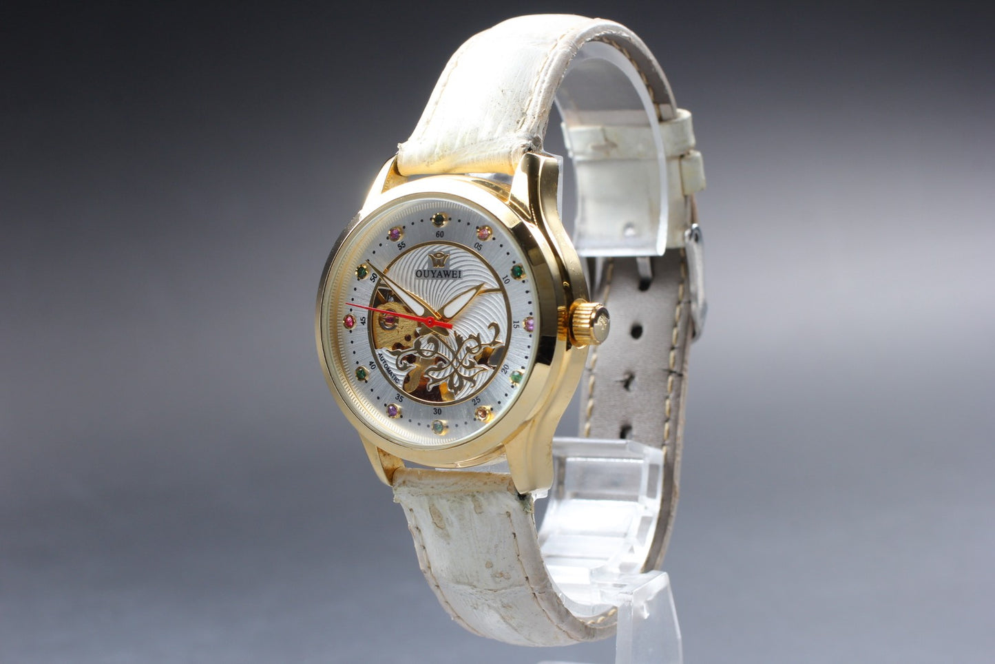 Near MINT OUYAWEI Gold Silver Colorful Stons Automatic Men's Watch  From JAPAN