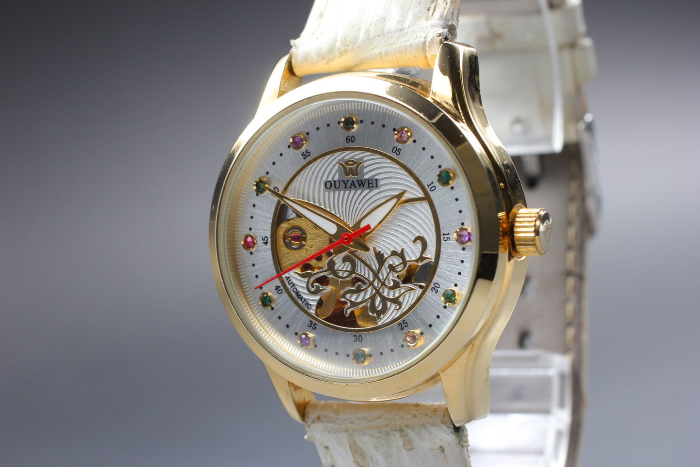 Near MINT OUYAWEI Gold Silver Colorful Stons Automatic Men's Watch  From JAPAN