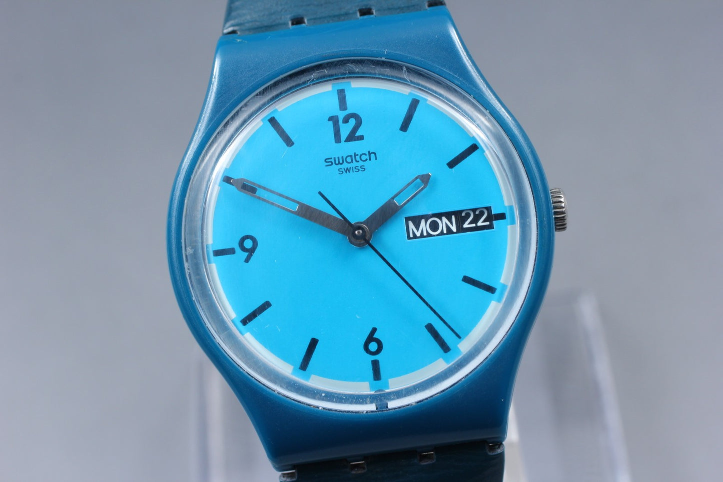Exc+5 Swatch Blue Bottle GN719 Day Date Quartz 34mm Men's Watch