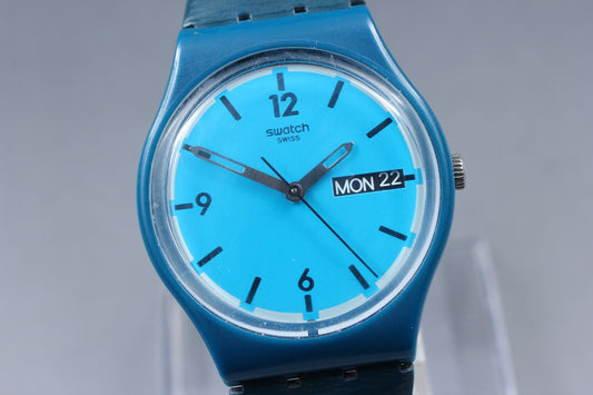 Exc+5 Swatch Blue Bottle GN719 Day Date Quartz 34mm Men's Watch